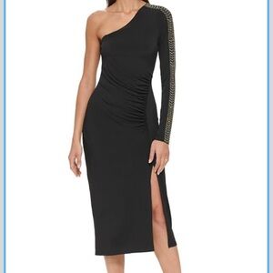 Guess Black One-Shoulder Evening Gown with Gold-Trim Sleeve